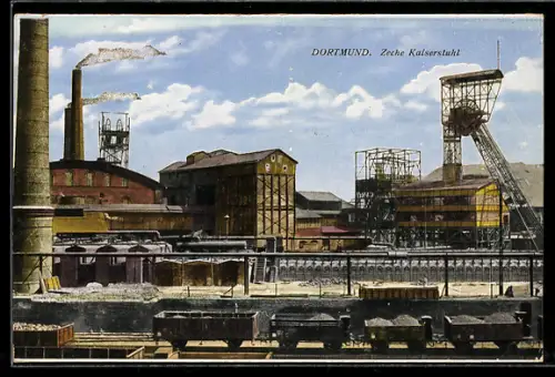 AK Dortmund, Zeche Kaiserstuhl mit Verladebahnhof & Güterwaggons