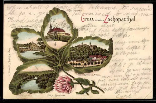 Passepartout-Lithographie Zschopau, Schloss Wildeck, Schloss Hoheneck, Aussicht vom Zschopautal