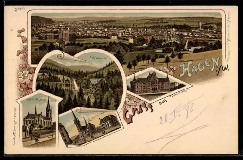 Lithographie Hagen / Westfalen, Gewerbeschule, Panorama, Waldlust, kath. Kirche & Lutherkirche