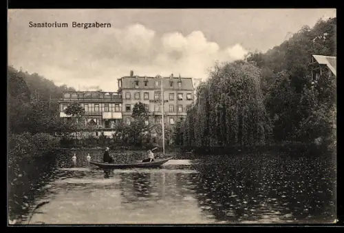 AK Bergzabern, Sanatorium mit Teich, Schwäne u. Menschen im Ruderboot
