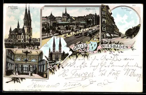 Lithographie Wiesbaden, Neue Evangl. Ring-Kirche, Kochbrunnenquelle, Kathol. Kirche