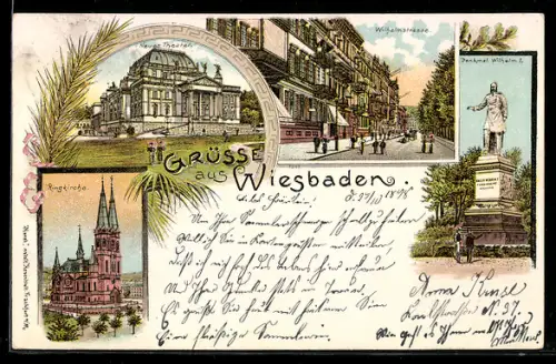 Lithographie Wiesbaden, Neues Theater, Wilhelmstrasse, Denkmal Wilhelm I.