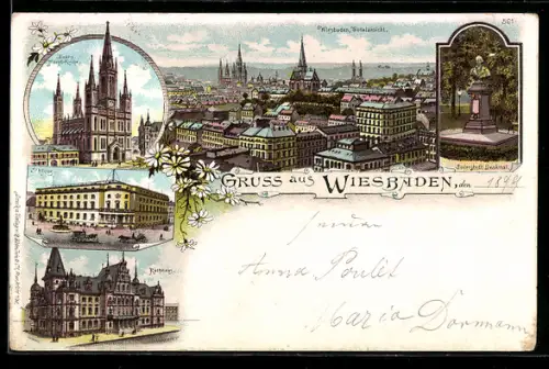 Lithographie Wiesbaden, Marktkirche, Schloss, Kriegerdenkmal, Rathaus