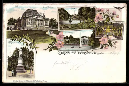 Lithographie Wiesbaden, Kaiser Wilhelm-Denkmal, Kurhaus und Konzertsaal mir Blumenschmuck