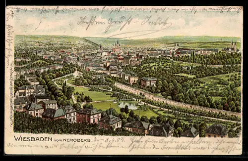 Lithographie Wiesbaden, Teilansicht mit Strassenpartie vom Neroberg