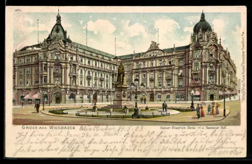 Lithographie Wiesbaden, Kaiser Friedrich-Denkmal & Hotel Nassauer Hof