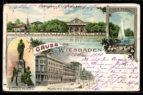 Lithographie Wiesbaden, Curhaus - Concerthaus, Grosse Fontaine, Markt mit Schloss, Bismarck-Denkmal