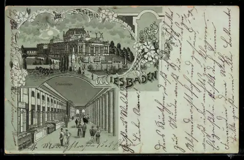 Mondschein-Lithographie Wiesbaden, Neues Theater, Colonnaden