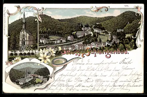 Lithographie Schlangenbad, Teilansicht, Neue Kirche, Ortspartie
