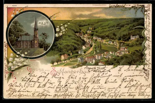 Lithographie Schlangenbad, Katholische Kirche und Ansicht aus der Vogelschau