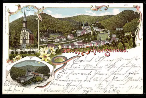 Lithographie Schlangenbad, Teilansicht, Neue Kirche, Ortspartie bei Mondschein