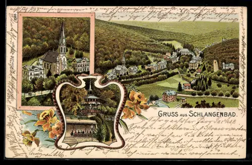 Lithographie Schlangenbad, Ortsansicht, Kirche