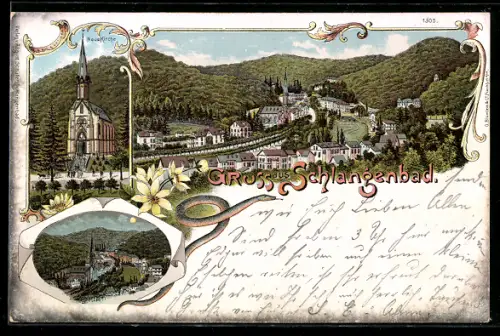 Lithographie Schlangenbad, Teilansicht, Neue Kirche, Ortspartie