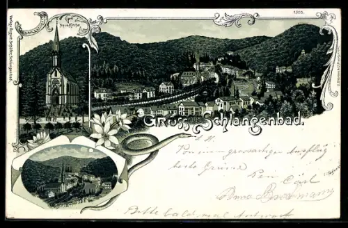 Lithographie Schlangenbad, Teilansicht, Neue Kirche, Ortspartie