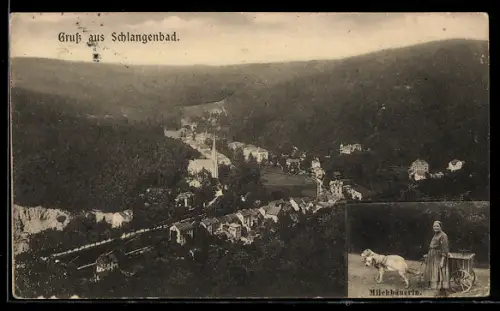 Lithographie Schlangenbad, Teilansicht mit Kirche, Milchbäuerin