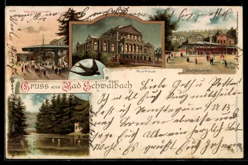 Lithographie Bad Schwalbach, Kurhaus bei Nacht, Kurpark, Stahlbrunnen
