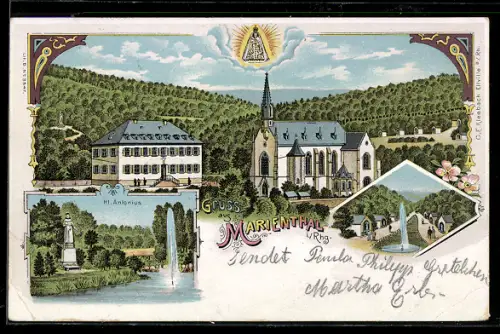 Lithographie Marienthal i. Rhg., Kirche, Heiliger Antonius, Brunnen