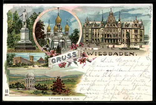 Lithographie Wiesbaden, Rathaus, Griech. Kapelle, Kaiser Wilh. Denkmal, Neroberg