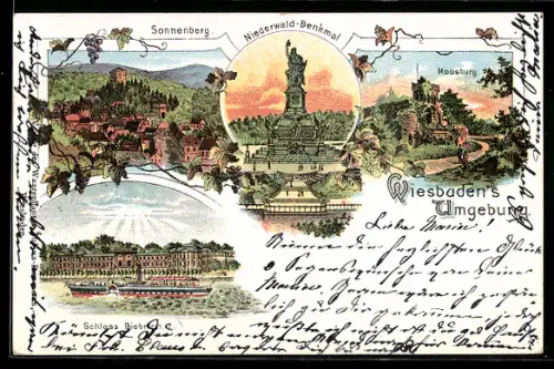 Lithographie Sonnenberg, Niederwald-Denkmal, Schloss Biebrich, Moosburg