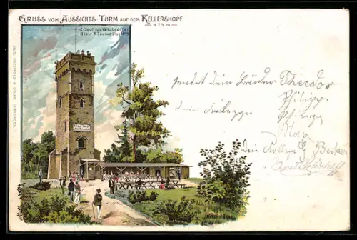 Lithographie Wiesbaden, Aussichts-Turm auf dem Kellerskopf mit Restaurant