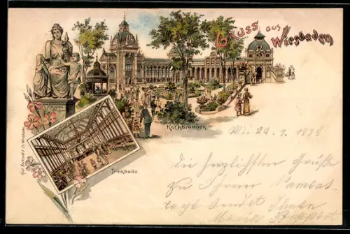 Lithographie Wiesbaden, Kochbrunnen, Inneres Trinkhalle