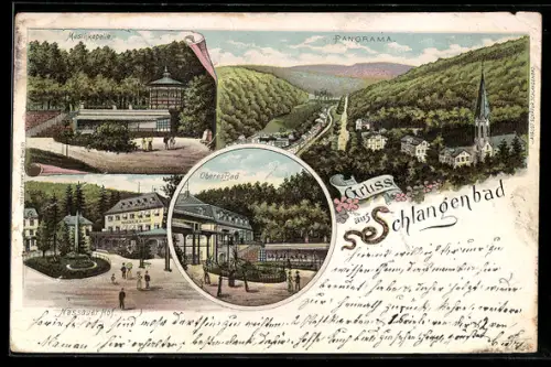 Lithographie Schlangenbad, Hotel Nassauer Hof, Oberes Bad, Musikkapelle