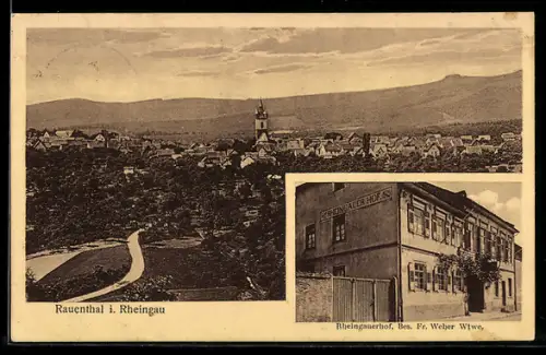 AK Rauenthal i. Rheingau, Gasthaus Rheingauerhof, Totalansicht mit Kirche, Häuser und Landschaft