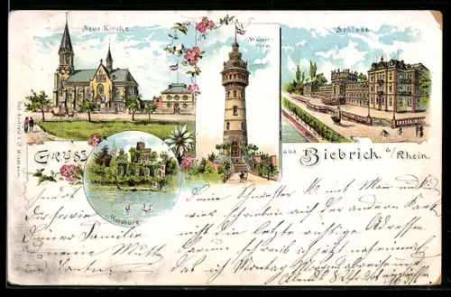 Lithographie Biebrich, Schloss, Neue Kirche, Wasserturm, Moosburg