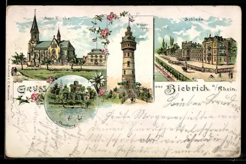 Lithographie Biebrich am Rhein, Neue Kirche, Wasserturm, Moosburg, Schloss