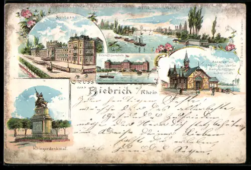 Lithographie Biebrich a. Rhein, Agentur der Köln-Düsseldorfer Dampfschifffahrts-Gesellschaft, Schloss, Kriegerdenkmal