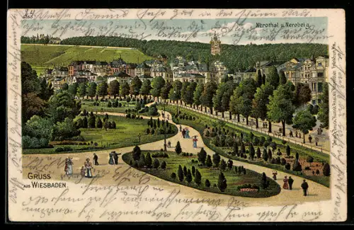 Lithographie Wiesbaden, Blick auf Nerothal und Neroberg