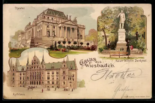 Lithographie Wiesbaden, Theater, Rathaus und Kaiser Wilhelm-Denkmal