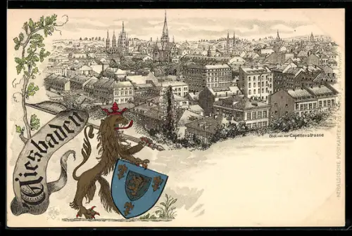 Passepartout-Lithographie Wiesbaden, Panorama von der Capellenstrasse aus, Stadtwappen