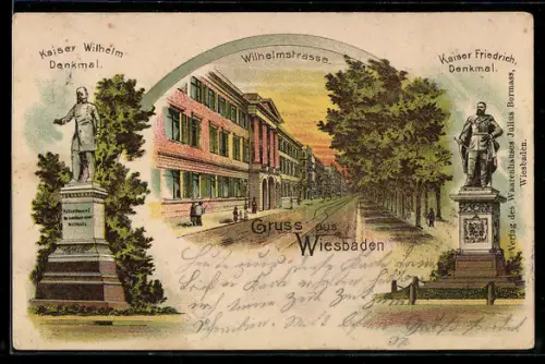 Lithographie Wiesbaden, Wilhelmstrasse im Sonnenuntergang, Kaiser Wilhelm- und Kaiser Friedrich-Denkmal