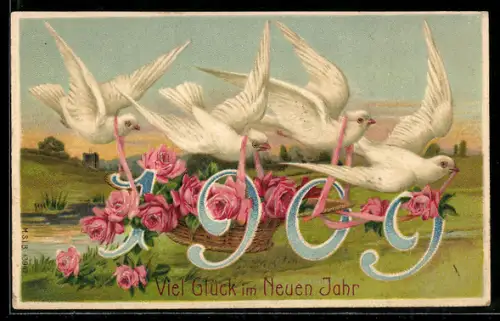 AK Tauben tragen die Jahreszahl 1909, Rosen