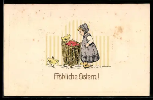 AK Mädchen mit Osterküken und einem Korb voller Eier, Ostergrüsse