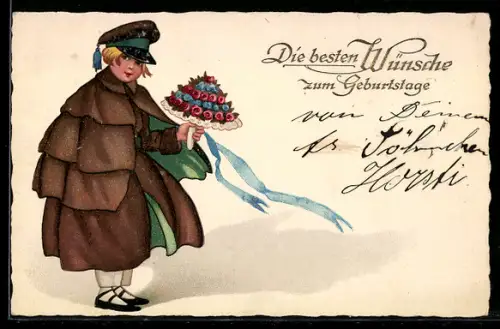 AK Mädchen mit einem Blumenstrauss mit Rosen und Vergissmeinnicht, Geburtstagsgruss
