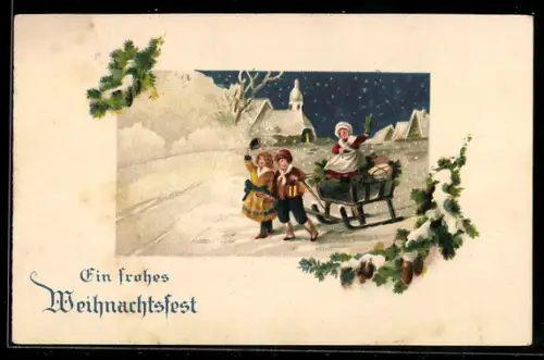 AK Kinder mit Schlitten vor einem verschneiten Ort, Weihnachtsgruss