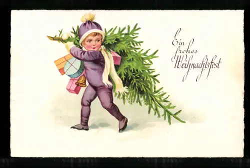 AK Kind mit Christbaum und Geschenken, Weihnachtsgruss