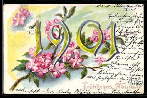 AK Pinkfarbene Blumen und Jahreszahl, Neujahrsgruss