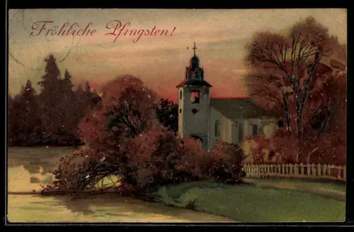 AK Kirche während der Dämmerung, Pfingstgruss