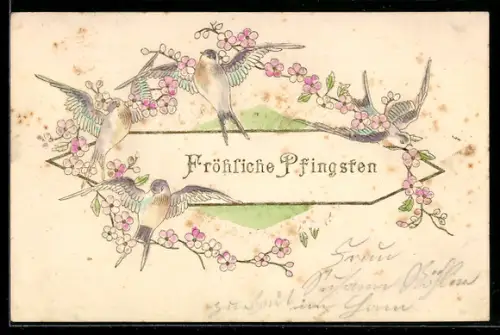 AK Vögel mit Blumen, Pfingstgruss
