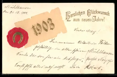 AK Goldene Jahreszahl mit Hufeisensiegel, Neujahrsgruss