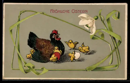 AK Henne mit Osterküken, Ostergruss