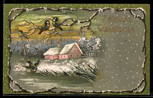 Präge-AK Verschneite Ortschaft mit Vögeln auf Zweigen, Weihnachtsgruss