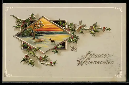 Präge-AK Reh in verschneiter Landschaft und Stechpalmenzweige, Weihnachtsgruss