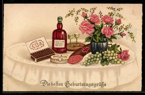 AK Reich gedeckter Tisch mit Fleisch, Rosen und Zigarren, Geburtstagsgruss