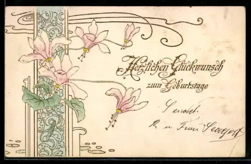 Präge-AK Blumen im Jugendstil, Geburtstagsgruss