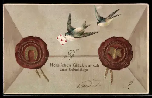 AK Vögel überbringen einen versiegelten Brief, Geburtstagsgruss
