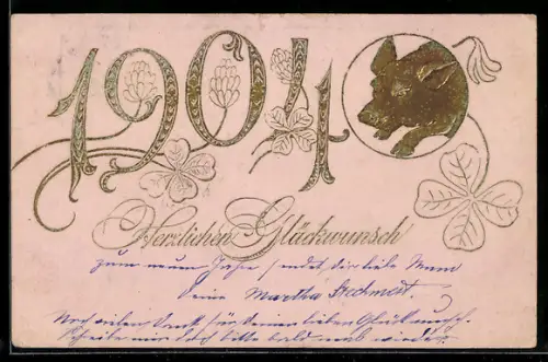 AK Goldene Jahreszahl, Kleeblätter und Glücksschwein, Neujahrsgruss